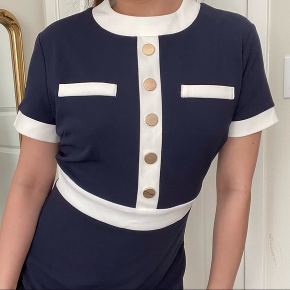 Alexa Admor Gold Button MIDI Navy Dress | Audrey Hepburn | Sz S | Figure Hugging - Picture 4 of 8